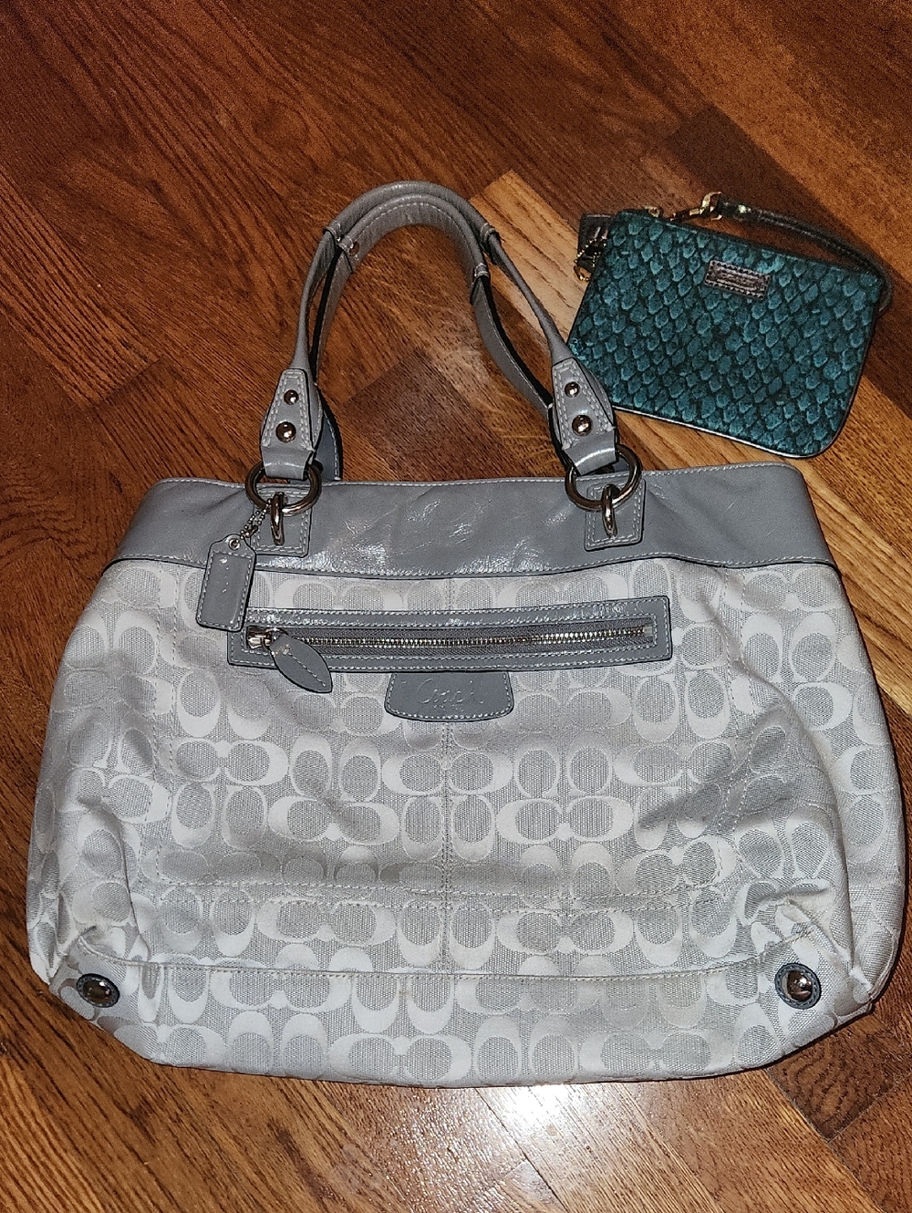 Coach Light Gray Signature Shoulder Tote with Teal Wristlet